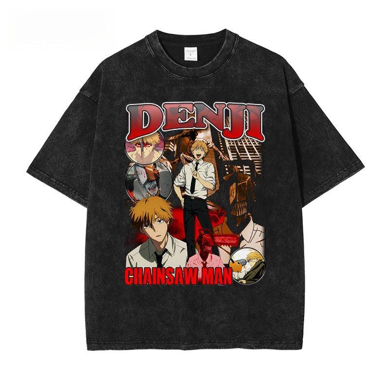 Kettensägenmann Denji Kettensägenform Bedrucktes T-Shirt für Herren und Damen Gewaschenes T-Shirt Hohe Qualität Vintage T-Shirt Harajuku Oberteile