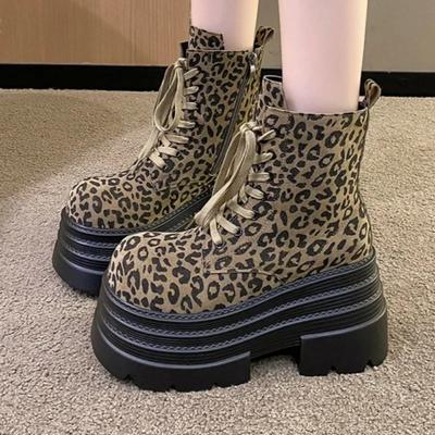 Stivaletti da Donna Leopardati con Plateau Tacco Super Alto Designer Inverno Camoscio Scarpe da Neve Tendenza 2025 Donna Autunno Stringati Botas Mujer