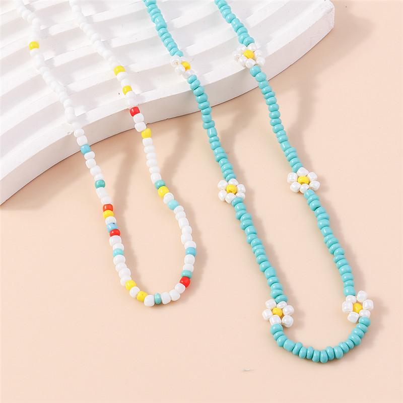 Summer Boho Korea Lovely Flowers Seeds Beaded Necklace Statement Short Collar Choker Necklace for Women Vacation Jewelry Gifts
