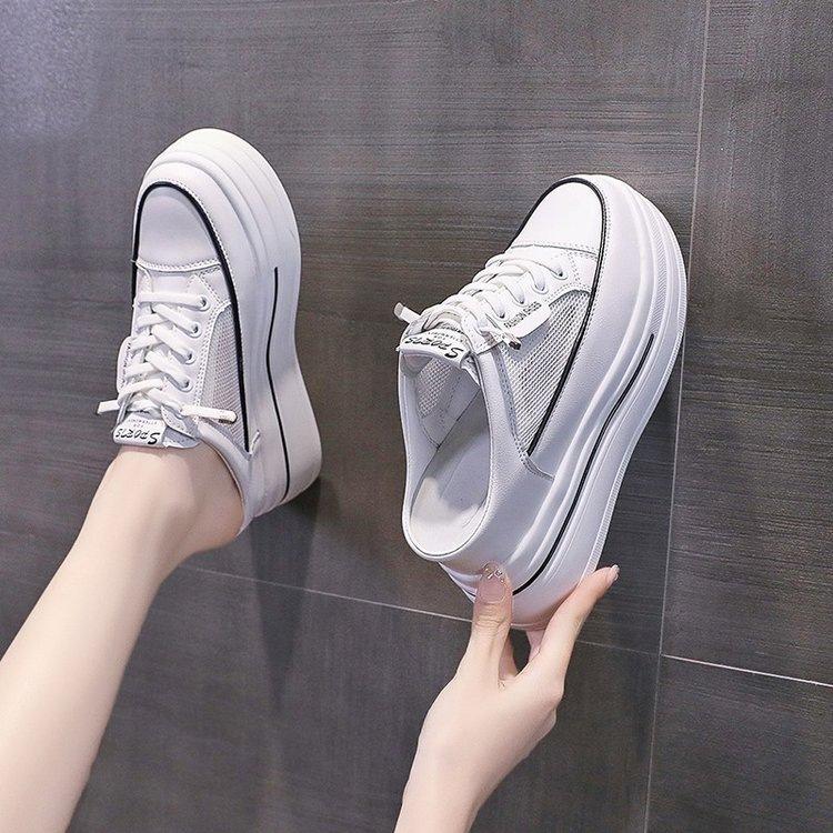 Popular Thick-soled Lace-up Heightening Little White Shoes for Women's 2025 Summer New Versatile Comfortable Casual Half Slippers for Women's Out