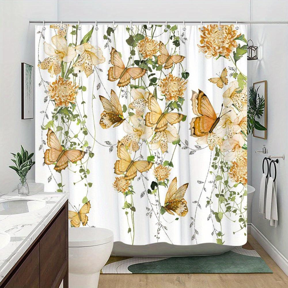 1 Yellow Butterfly and Light Yellow Flower Shower Curtain - with Green Vines, Polyester Fabric, with Hooks, Machine Washable