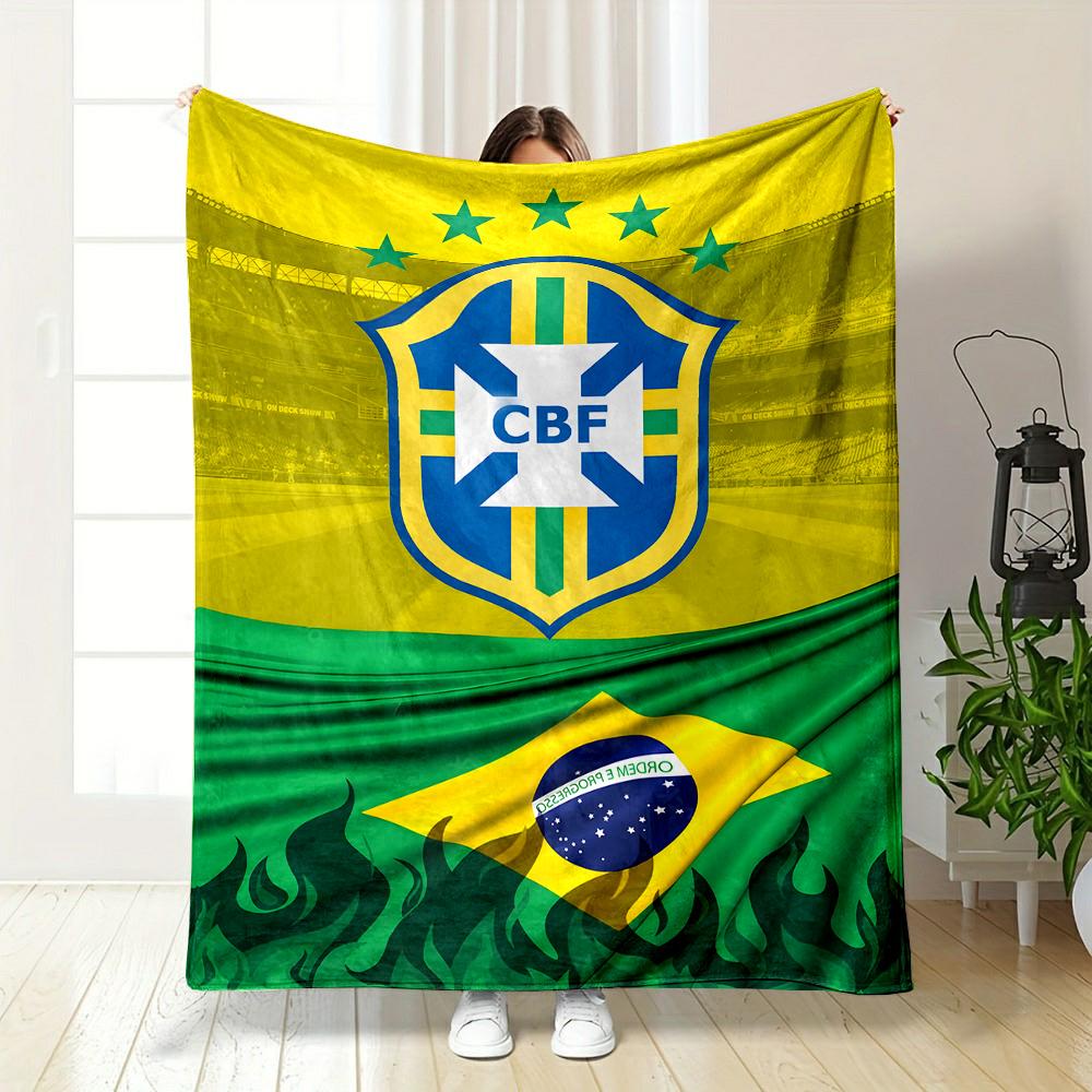 Brazilian Football Crest with Flag Patterned Flannel Blanket Perfect for the Bedroom Living Room, Sofa, or a Little Nap