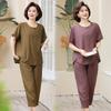 Stylish Summer Plus Size Round Neck Top & Nine-Point Pants Set for Middle-Aged Mothers