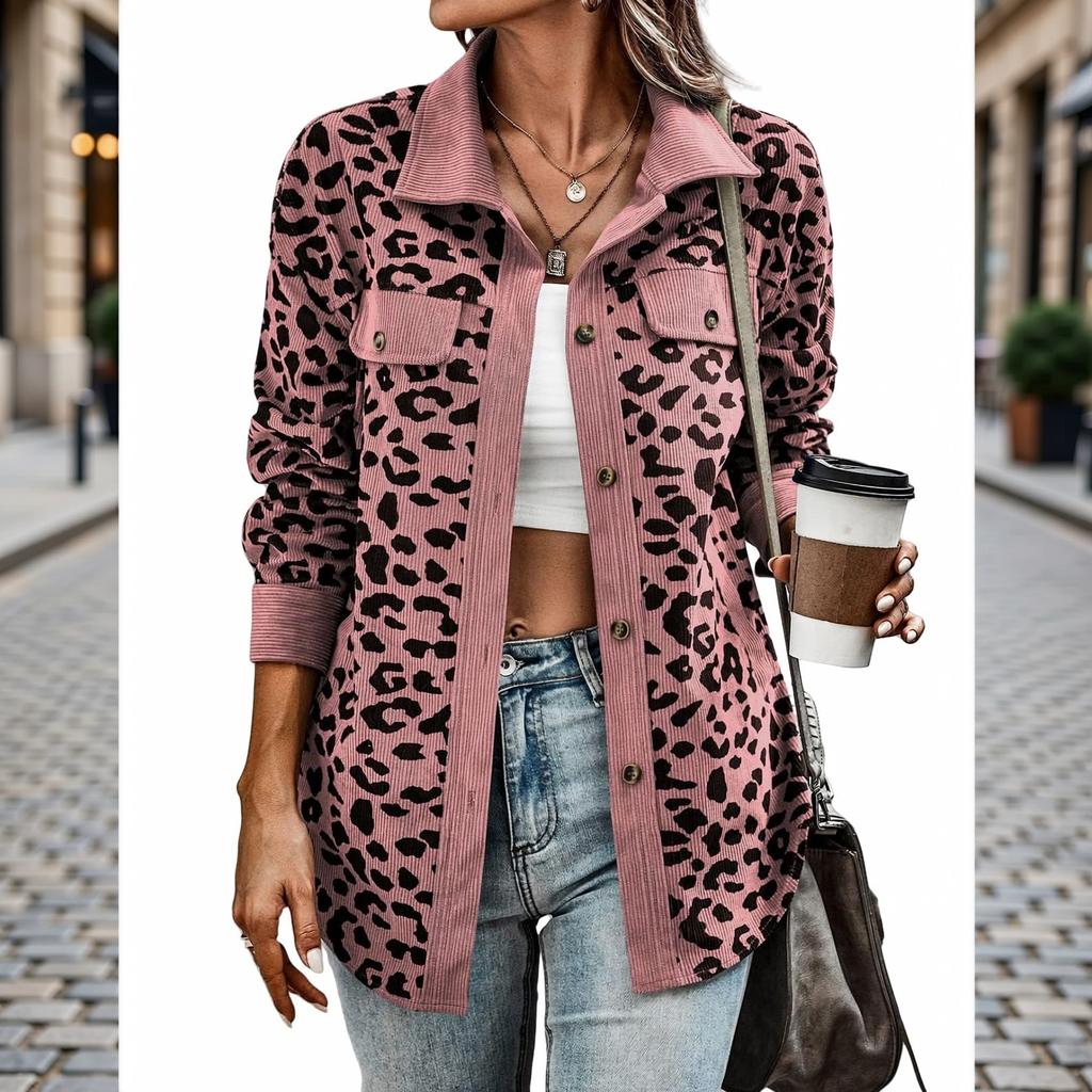 Women's Leopard Print Cardigan Jacket with Button Front and Lapel Collar, Loose Fit Long Sleeve