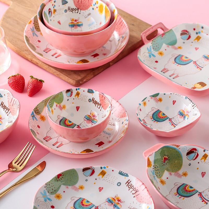 Cute Cartoon Alpaca 19-Piece Ceramic Dinnerware Set