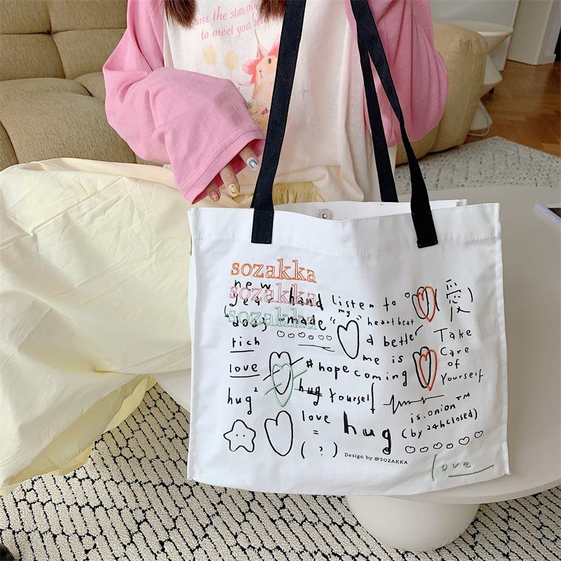 3 Canvas Bags Women's Versatile Large-capacity Embroidery Printed Handheld Shoulder Bags Student Class Bags