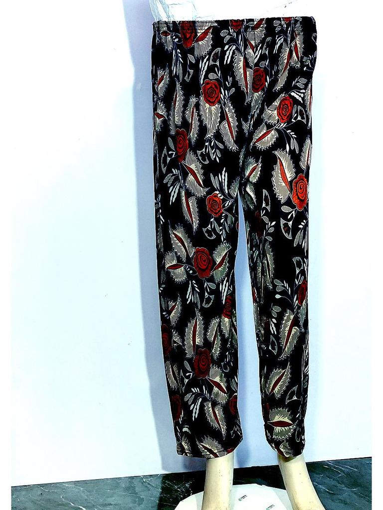Atmungsaktive Blumendruck-Neunpunkt-Hose in Übergröße für Frauen mittleren Alters und ältere Frauen - Sommer-Eisseide, Lockeres gerades Bein Design
