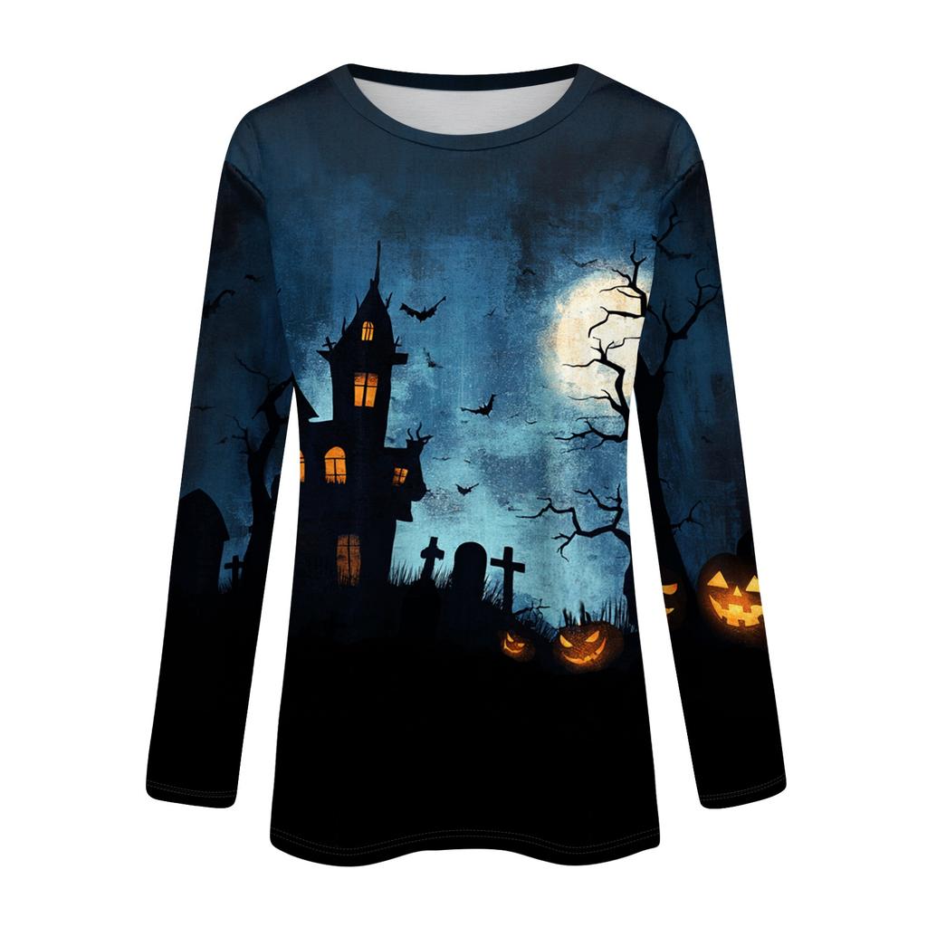 Damen Halloween Bedruckter Pullover Sweatshirt Langarm Rundhalsausschnitt Lässiges Lockeres Oberteil für Herbst Winter Alltag