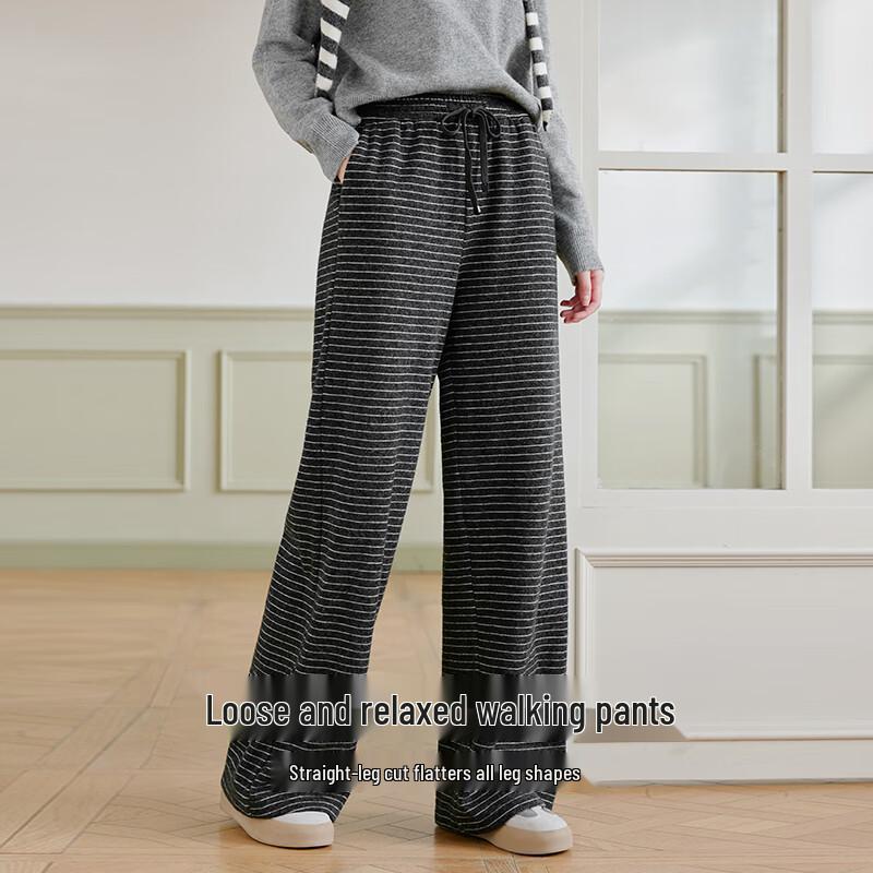 Xiangying Women s Fleece-Lined Striped High-Waist Casual Trousers M