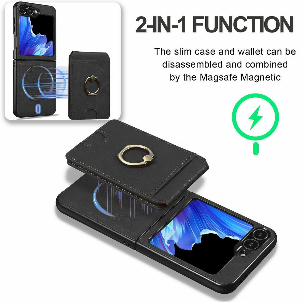 For Samsung Galaxy Z Flip5 5G Magnetic Case PC+PU Phone Back Cover with Detachable Card Holder