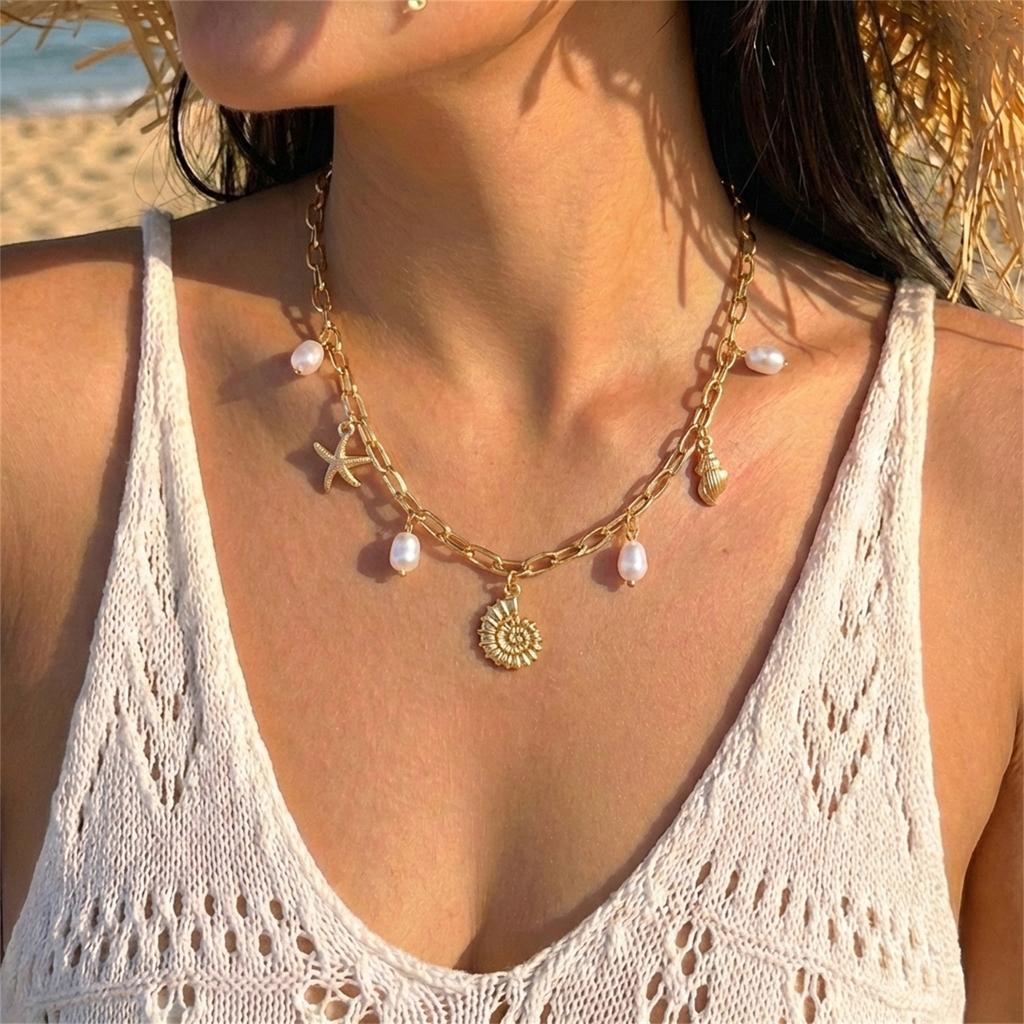 Boho Metal Starfish Conch Pendant Necklace For Women Imitation Pearl Fishtail Coconut Tree Turtle Chain Choker Beach Jewelry
