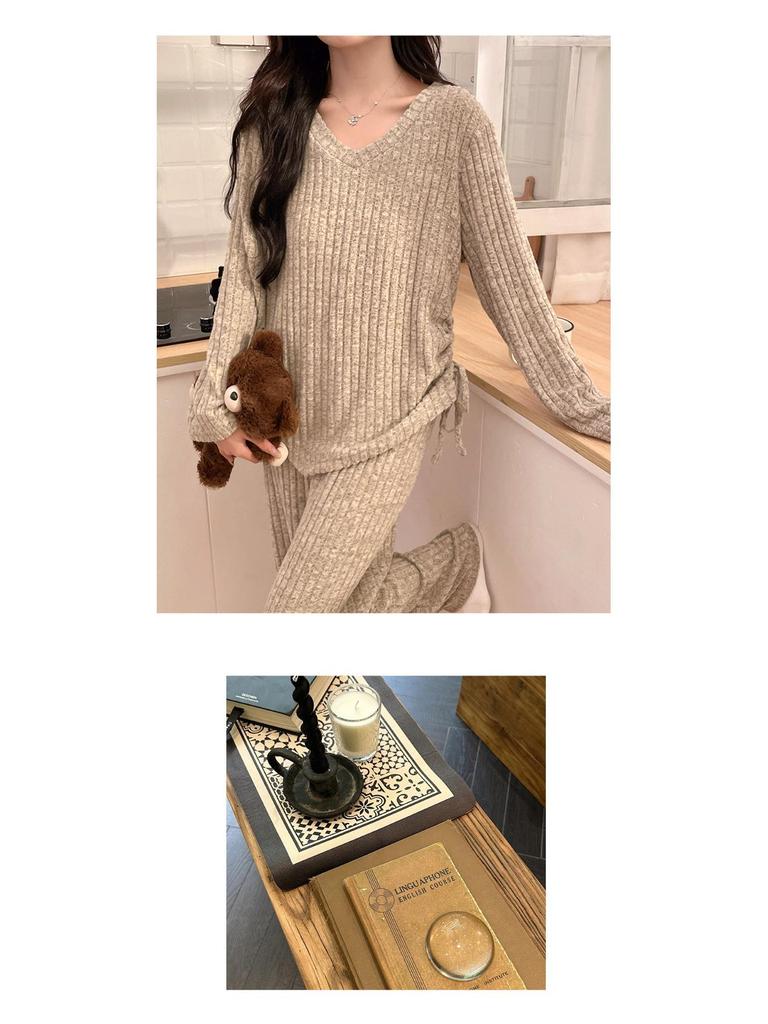 2025 Korean Women's Pajamas with Bra Pads: Knitted Long Sleeve & Pants, Plus Size, for Spring, Autumn, Winter
