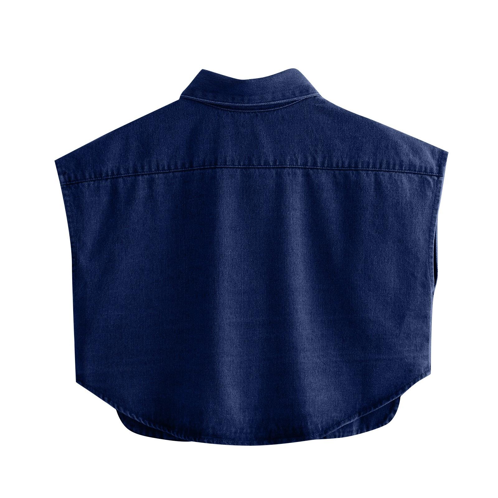 Женский однотонный кардиган без рукавов с большим карманом и джинсовым топом с лацканами — фото 3