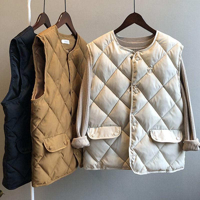 Women Autumn Winter Quilted Cotton Vest Sleeveless O-neck Loose Padded Waistvest Single Breasted Casual Ultralight Portable Vest
