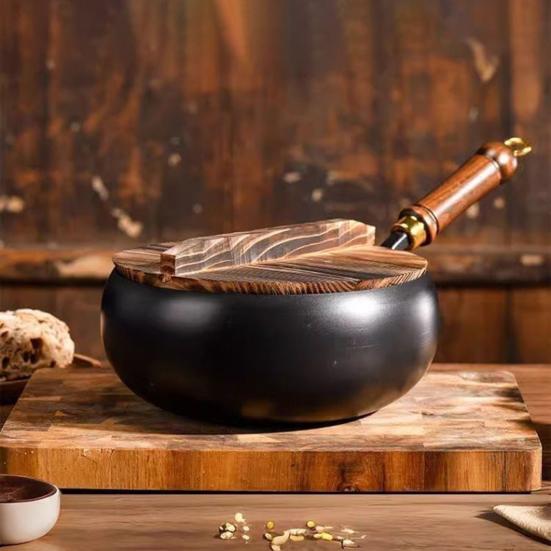 Non-Stick Cast Iron Wok with Lid & Spatula 24/28cm Large Belly Frying Pan for Stir-Fry Soup Uncoated & Scratch-Resistant Induction