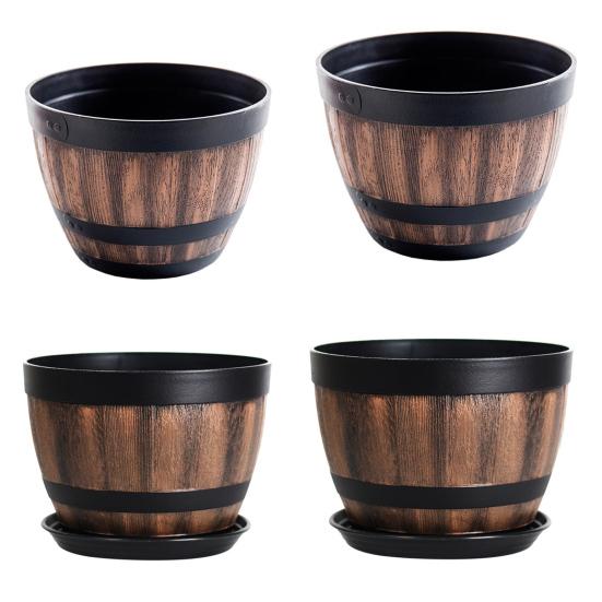 Yousheng Large Flower Pot Whiskey Barrel Design Plant Pot with Drainage Holes Saucer Lotus Planter Rustic Garden Pots for Herbs Outdoor Planting