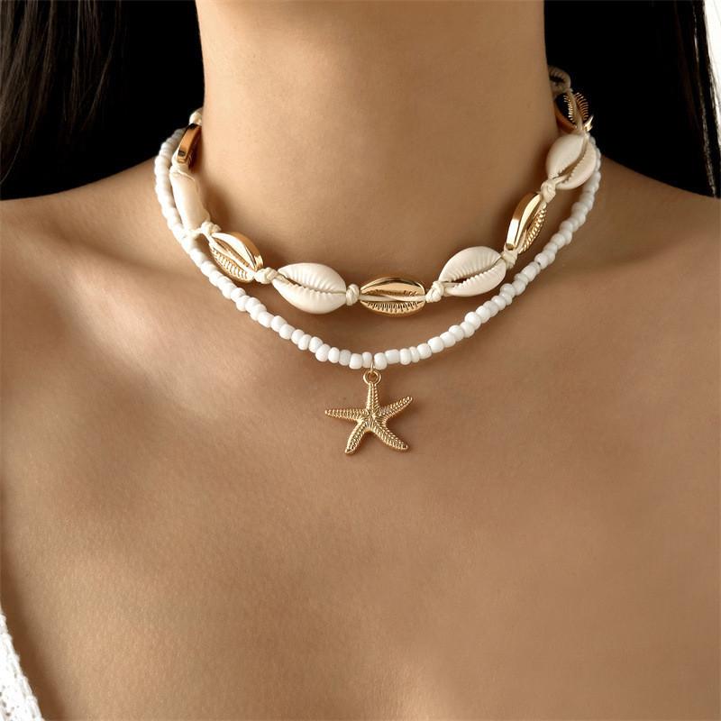 

Bohemian Starfish Shell Bead Necklace With Layered Chain For Women White