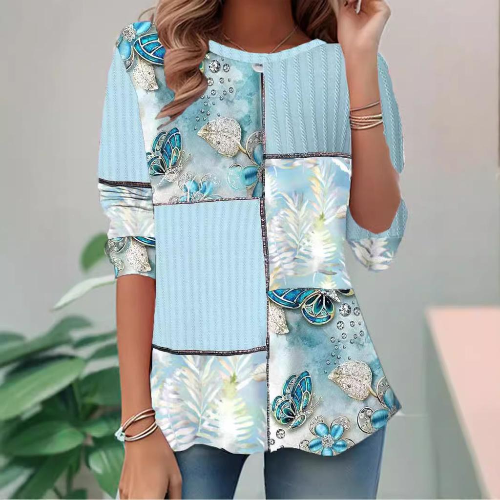Autumn and Winter Long Sleeved Round Neck Retro Plaid Style Women's T-shirts