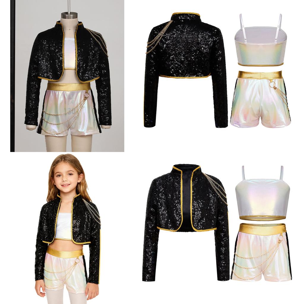 Kids Girls 3Pcs Demon Cosplay Singer Outfit Iridescent Gloss Adjustable Shoulder Straps Crop Top Long Sleeve Gold Webbing Trim Sequins Outer Wear and