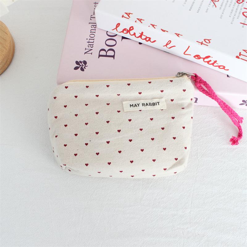 Korean Dot Love Canvas Coin Wallet Portable Mini Makeup Bag Simple Fabric Zipper Coin Purse Key Earphone ID Bag Kids Cute Purse