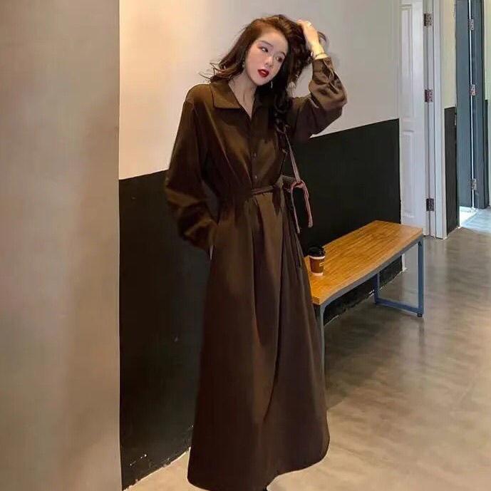 QICED Autumn Winter Hepburn Style Medium Length Thick Dress Female Retro Loose Long Sleeve Large Size Fat Mm Shirt Long Dress