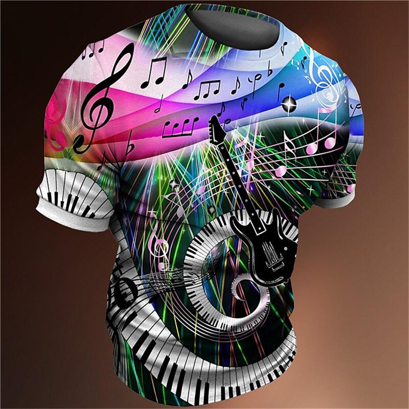 3D Printed Colorful Music T-Shirt For Men Musical Notes Pattern T Shirts Summer Casual Loose Tees Round Neck Tops Short Sleeves