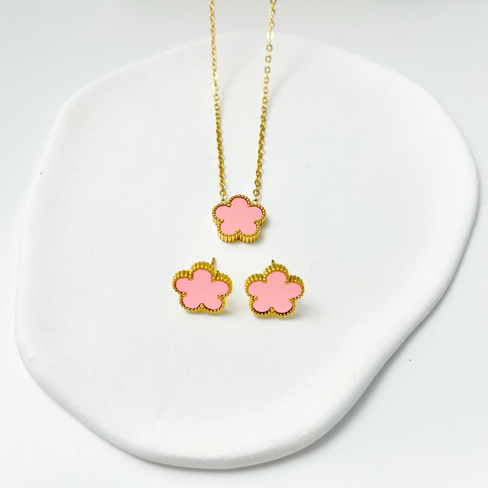 ALTERA 2Pcs Luxury 5 Leaf Flower Pendant Necklace Earrings for Women Gift Fashion Stainless Steel Double Side Clover Zircon Set