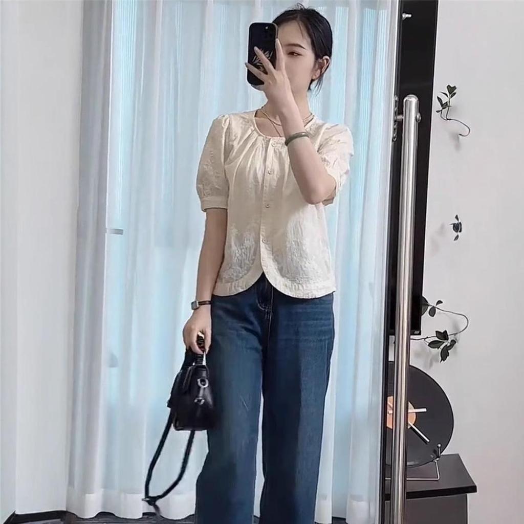 Women's Short-Sleeve French Top: 2024 Korean Style Embroidered Summer Blouse