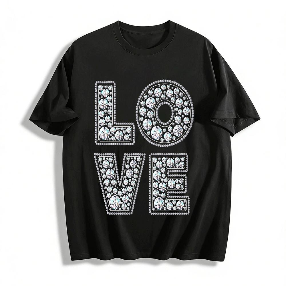 

Rhinestone LOVE Letter Print Casual Crew Neck Short Sleeve Top Pure cotton T-shirt XXS
