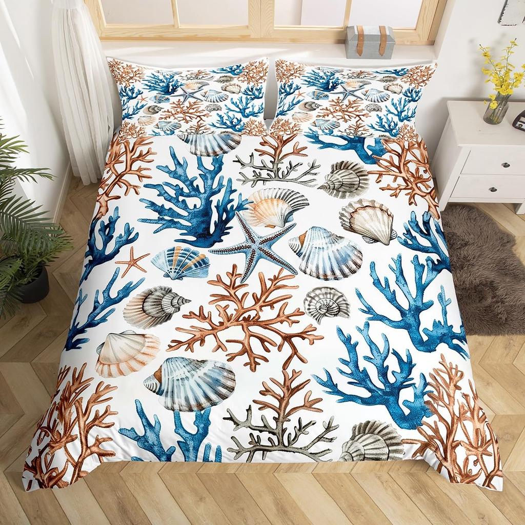Summer Beach Theme Duvet Cover Twin Queen, Starfish Conch Seashell Bedding Set for Boys Girls Bedroom, Ocean Animal Bed Cover