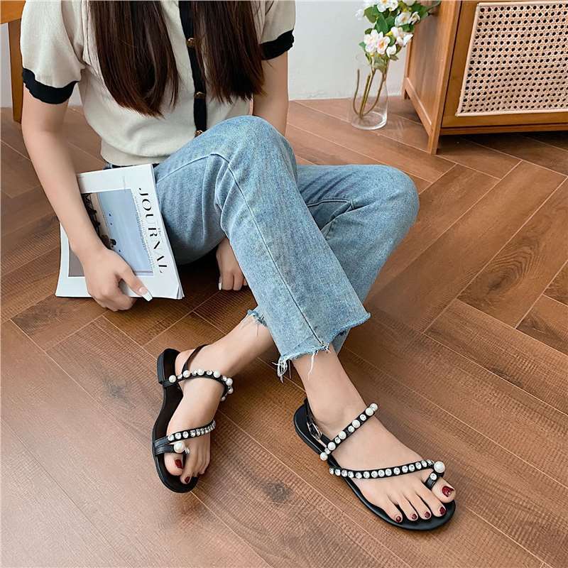 

High heels women s summer 2024 new round head rhinestone fairy wind pearl toe word with versatile sandals women 40