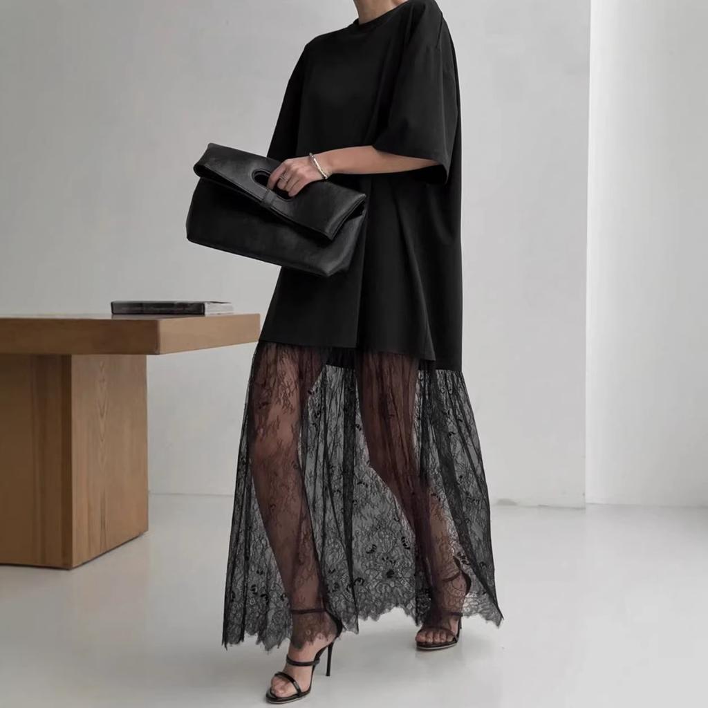 New European and American Express lace splicing mesh loose and comfortable short-sleeved dress