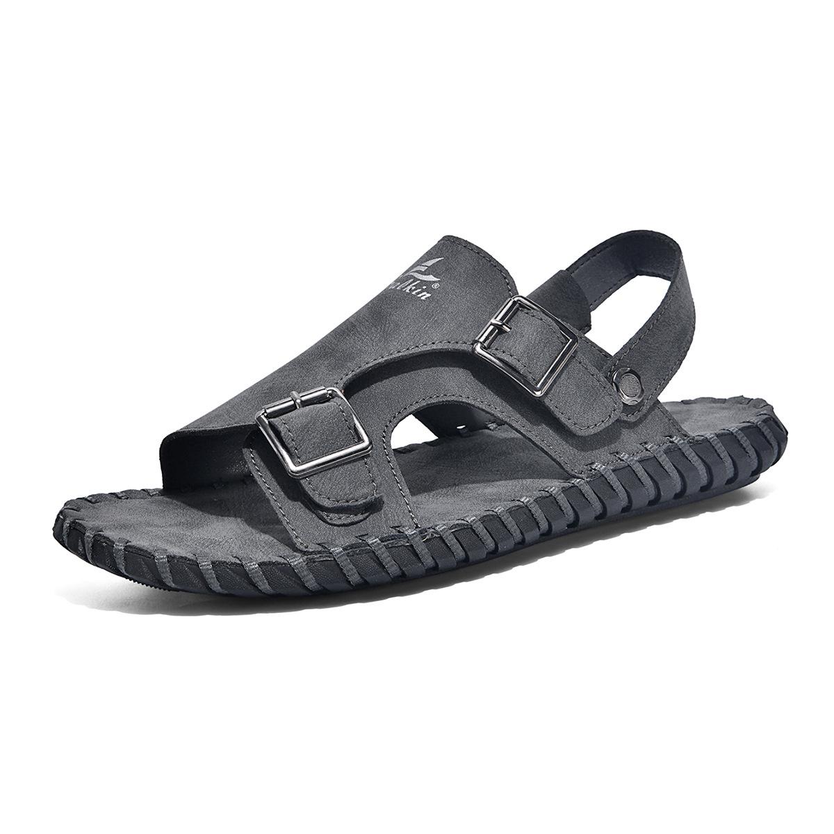 Summer Men s Genuine Leather Non-slip Sandals, Thick Sole Closed-Toe Beach Shoes, Breathable Soft Sole Outdoor Casual Slippers. 46 серый