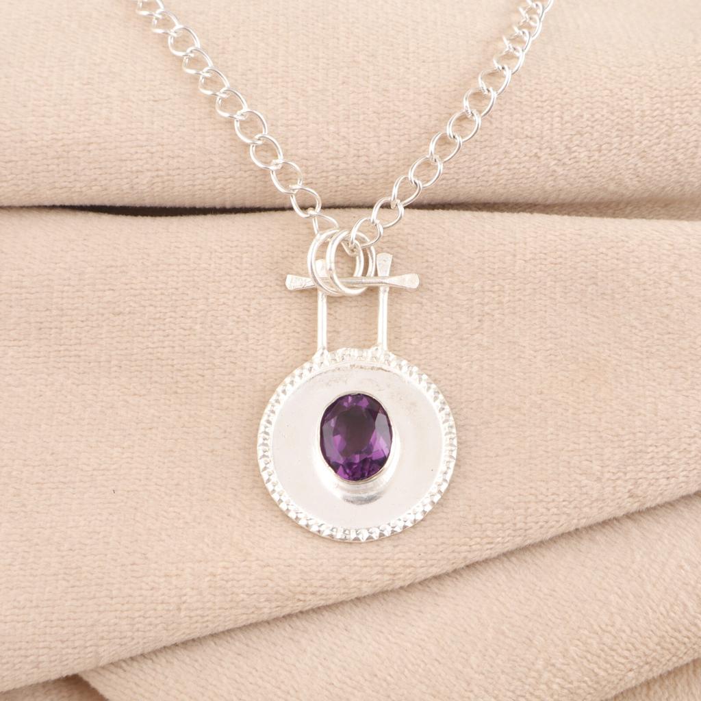 Amethyst Edelstein 925 Sterlingsilber Schmuck Handgefertigt Lünettenfassung Anhänger 1,4" PP-57-12