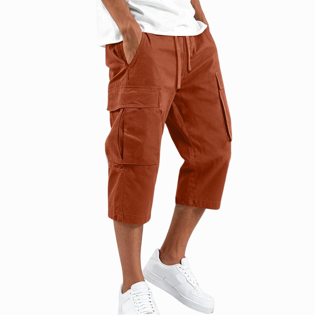 Men's Cargo Work Pants Drawstring Waist Multi Pocket Casual Capri Pants Three Quarter Length Durable Fabric Relaxed Fit