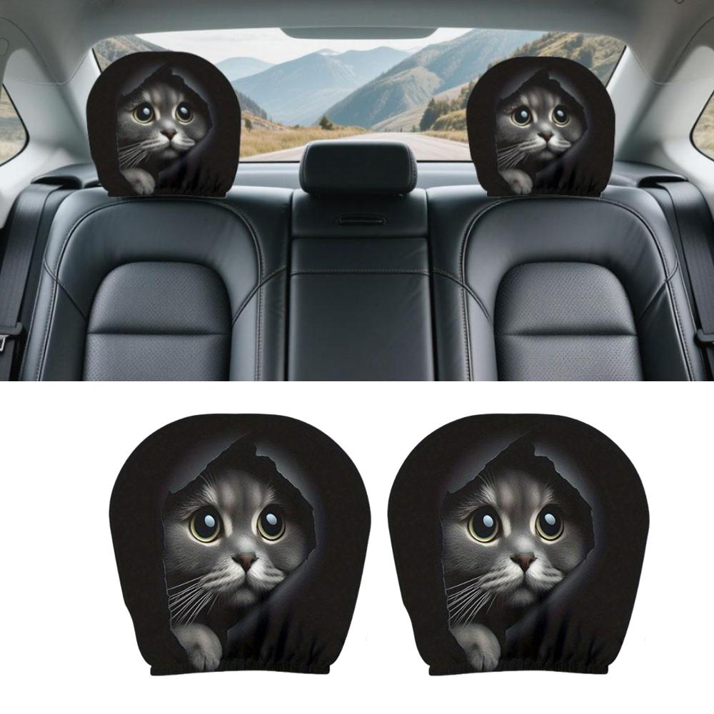 2 pieces of realistic car headrest covers with cute cats showing their faces, washable and stretchable, car interior decoration