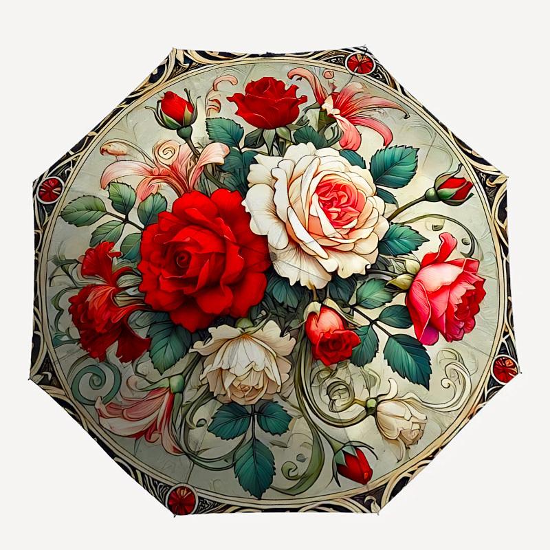 Roses,Stained Automatic Folding Umbrella Compact 8 Rib Design,Unique Style,Suitable for Everyday Outdoor Use,Perfect Gift for Friends