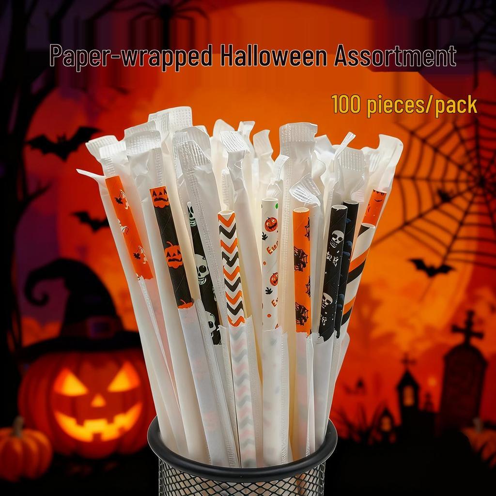 Biodegradable Halloween Paper Straws with Skull and Pumpkin Design