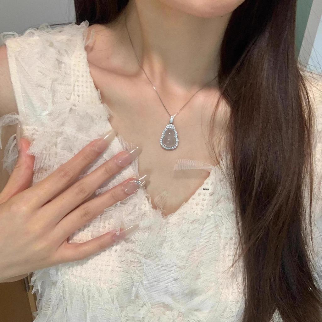 Baishi Hui Natural Chalcedony Fu Lu Gourd Necklace in s925 Sterling Silver Women's Clavicle Chain