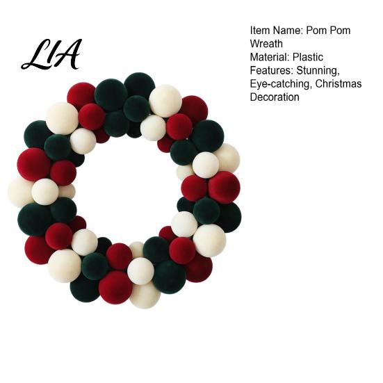 Seasonal Decorative Craft Wreath Christmas Pom for Front Door, Red Green White Velvet Elegant Atmosphere Prop Flocking Hanging Holiday Party,
