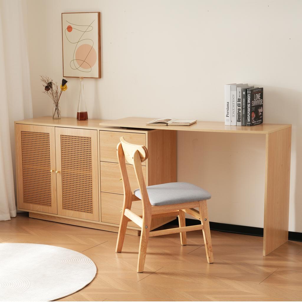 Desk, L-Shaped Corner Table, Computer Table with Rattan Doors, Dressing Table, White 126 cm
