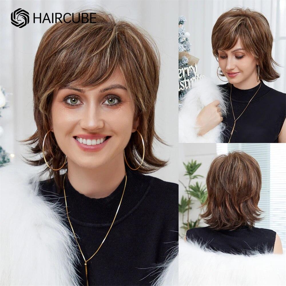 Short Brown Mixed Blonde Human Hair Blend Wigs Bob Straight Wigs with Bangs Human Hairs Heat Resistant for Women