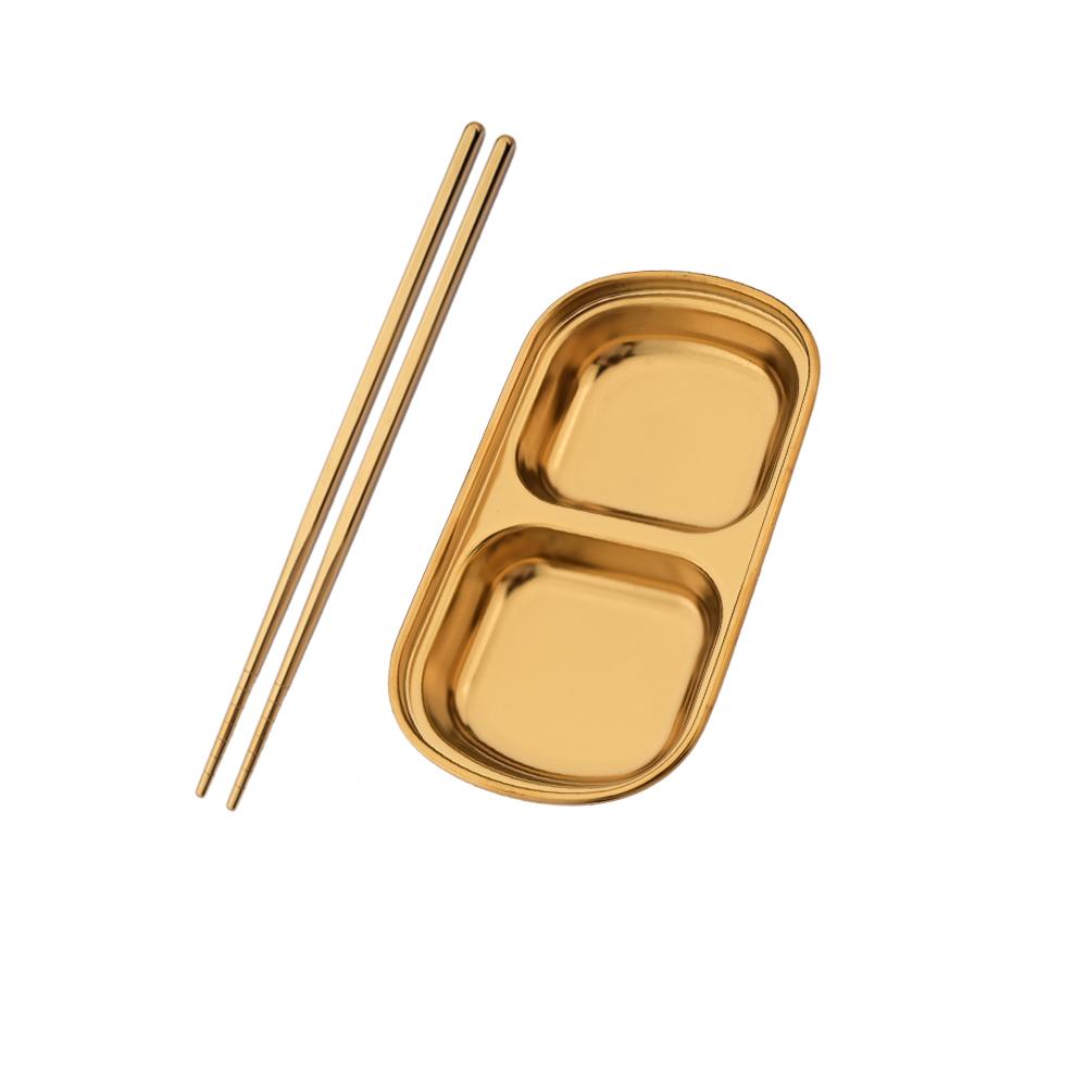 Golden Korean Style Stainless Steel Divided Dip Bowls Sauce Plate Seasoning Dipping Condiment Tray for BBQ Vinegar Spice Ketchup