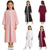 Girls Embroidered Lace Muslim Robe Abaya Round Neck Long Sleeve Back Invisible Zipper Loose Dress