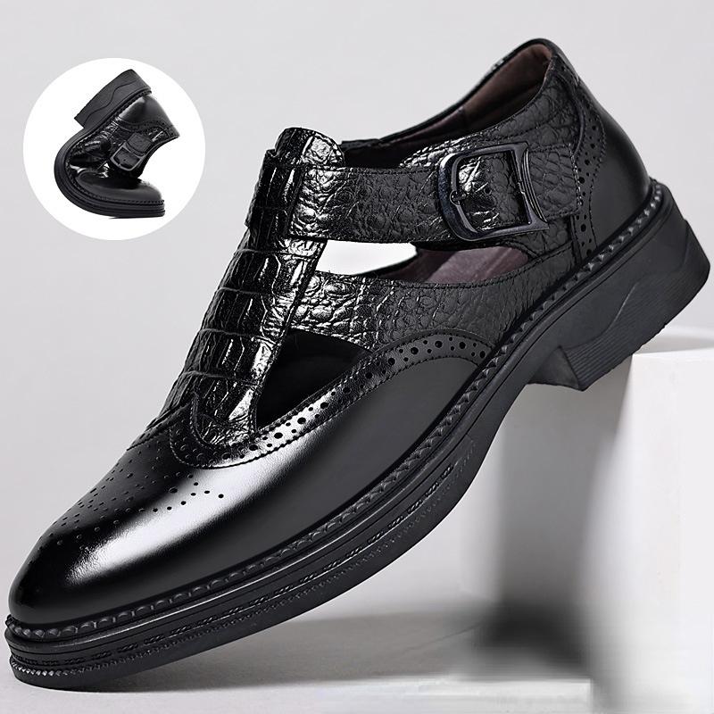 

Модные однотонные мужские туфли 2024 года, летние новые туфли из воловьей кожи, сандалии, модная повседневная дизайнерская обувь для мужчин 38 чёрный