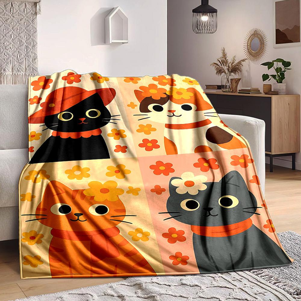 1pc Floral Cats Print Blanket - Lightweight Flannel Blanket For Sofa, Bed, Living Room, Office, Outdoor Travel, Camping, Soft 069