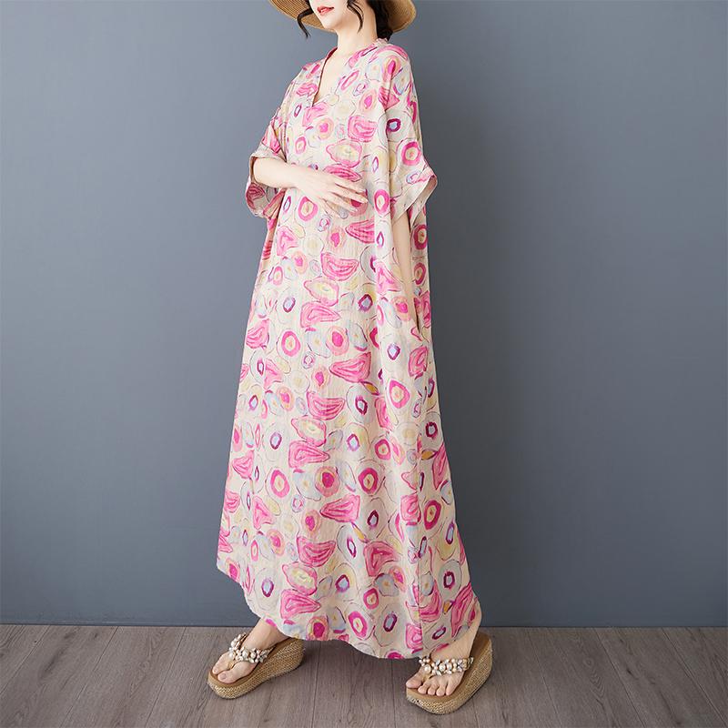 Dimanaf 2025 Summer Women Printing Linen Plus Size Long Dress Short Sleeve Vintage Casual V-Neck Basic Loose Dress