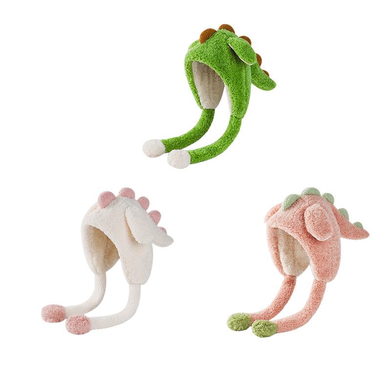Cute cartoon pullover hat dinosaur integrated hat autumn and winter thickened plush hat thermal ear hat children