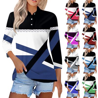Damenmode Lässiges Revers 3/4 Ärmel Print Shirt Damen Button Up Tops