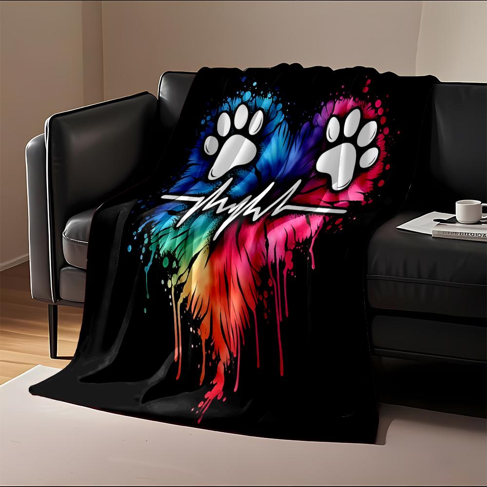 Colorful Paw Prints and Heartbeat Design Flannel blanket for bedroom, living room, sofa, and nap sofas
